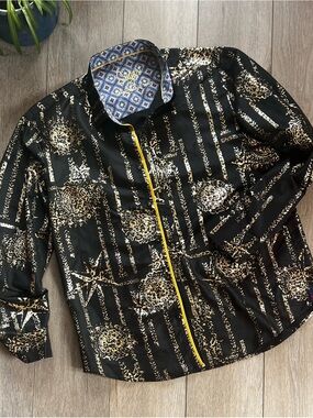 SUGAR Black button down dress shirt gold Medallion Print and mustard Yellow